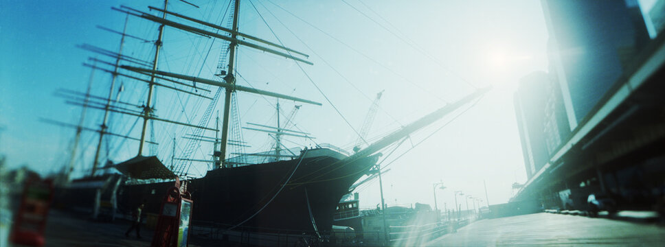 Sailboat at the port, South Street Seaport, Manhattan, New York City, New York State, USA.