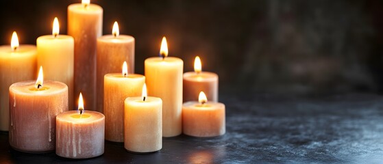 Many Burning Candles on Dark Background, Cozy Atmosphere, Warm Light
