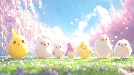 Cute cartoon birds and a rabbit in a spring meadow.
