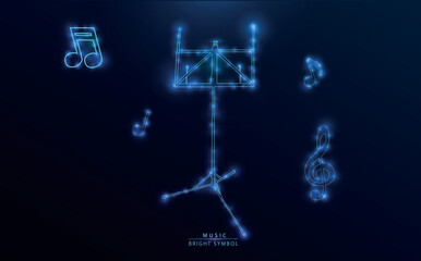 Futuristic glowing neon illustration of a music stand surrounded by musical notes and a treble clef on a dark background. Ideal for themes related to music, technology, sound, and digital art.