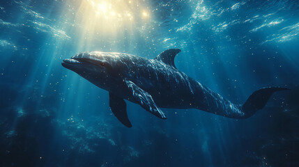 Fototapeta premium Dolphin Underwater Adventure in Vibrant Ocean: Dolphins in Motion - Marine Life & Sea Creatures Exploring Majestic Blue Waters