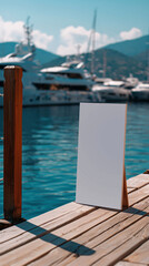 Fototapeta premium Blank White Signboard Stands Against Wooden Dock Railing by Luxury Yachts With Calm Water Reflections