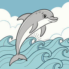 Cartoon vector illustration of a dolphin jumping out of the ocean waves
