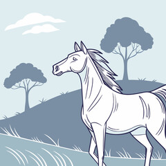Elegant cartoon vector horse standing on a hill in a peaceful landscape, graceful and majestic, copy space