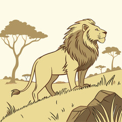 Majestic cartoon vector lion standing on a grassy hill in a savannah landscape, regal and powerful, copy space