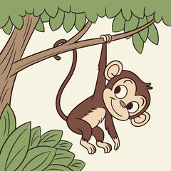 Playful cartoon vector monkey hanging from a branch in a tree, cheerful and fun design, copy space