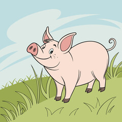 Cute cartoon vector pig standing on green grass under a blue sky, joyful and playful style, copy space