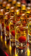 Multiple shots of chupito cocktail close up with cherries in each shot vertical