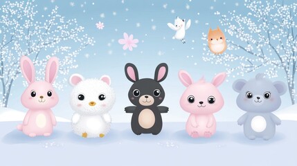 Fototapeta premium Cute winter animals in a snowy landscape.