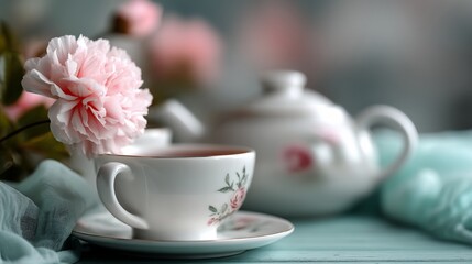 Fototapeta premium Delicate tea set with pink flowers