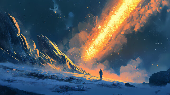 Comet threat looming over earth sparks concern and curiosity about fate. Spark Loom. Illustration