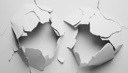 Cracked surface with large fissures.  Detailed depiction of a shattered, white, textured surface