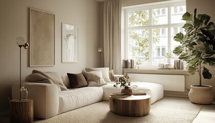 Cozy minimalist living room with beige walls, light sofa, and fiddle leaf fig 3. Generative AI