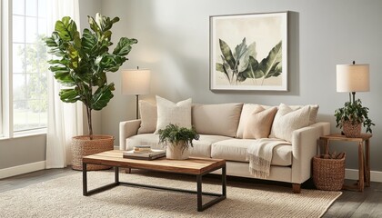 Cozy minimalist living room with beige walls, light sofa, and fiddle leaf fig 2. Generative AI
