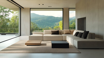 Fototapeta premium A large living room with a white couch and a black coffee table