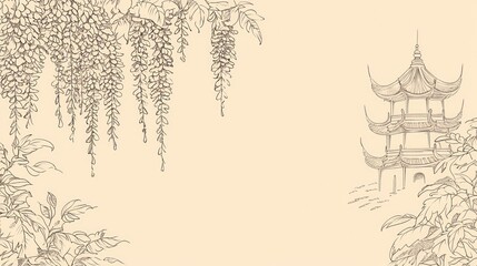 Pagoda, wisteria, garden, serenity, Asian art, card design