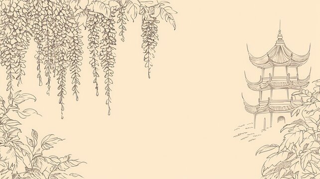 Pagoda, wisteria, garden, serenity, Asian art, card design