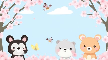 Fototapeta premium Cute bears and butterflies beneath blossoming cherry trees.