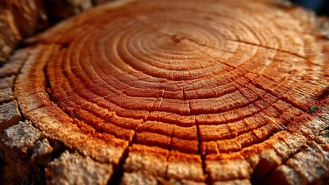 Closeup view of a freshly cut tree trunk showcasing its concentric growth rings, detailed wood grain texture, and natural earthy colors.