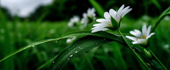 Delicate white flowers in a dewy meadow