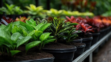 Colorful houseplants in black pots