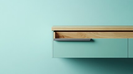 A modern kitchen drawer with smooth birchwood interiors and a metallic frame, on a pale blue background 