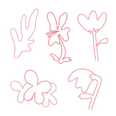 Vector line art of various beautiful flowers. Pink color.