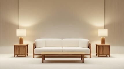 Minimalist living room beige sofa, wooden tables, lamps