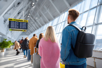 A People waiting in bright airport terminal, looking at departure screens with sunlight streaming through large windows