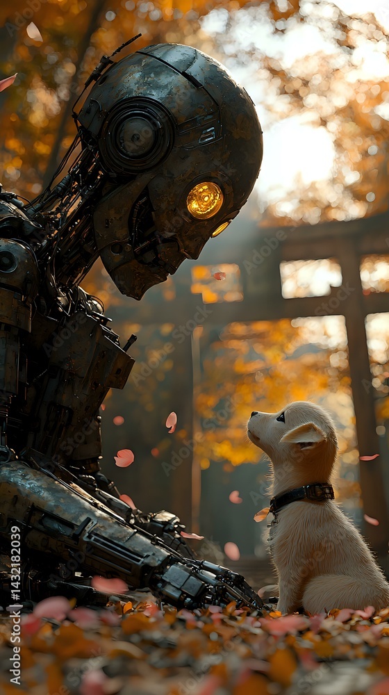 Poster futuristic robot meets small white puppy in autumn forest setting with falling leaves and golden bok
