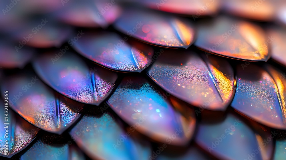 Poster macro view of iridescent scales showing vibrant blue, purple, and gold metallic reflections in overl