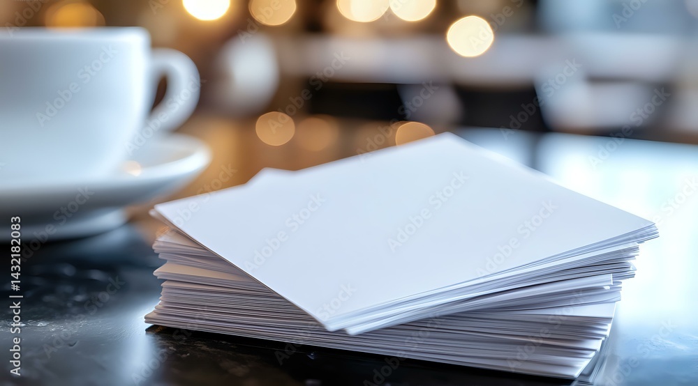 Poster stack of blank white paper sheets on dark table with coffee cup and warm bokeh lights in background,