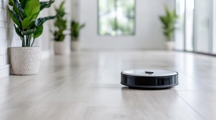 Modern robotic vacuum cleaner on hardwood floor in bright home