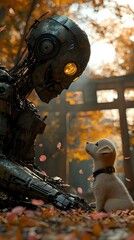 Fototapeta premium Futuristic robot meets small white puppy in autumn forest setting with falling leaves and golden bokeh lighting, creating emotional connection between artificial and natural.