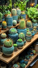 Collection of cacti and succulents in decorative turquoise ceramic pots arranged on wooden shelves, creating an indoor garden display with varied textures and shapes.