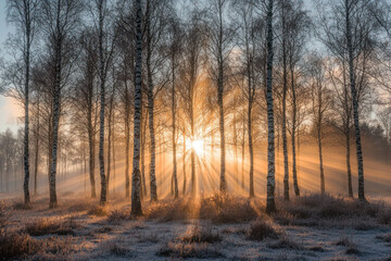 A serene winter sunrise with sun rays streaming through grove of birch trees, illuminating frosty ground