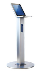 Modern touchscreen information kiosk with sleek brushed metal stand design render