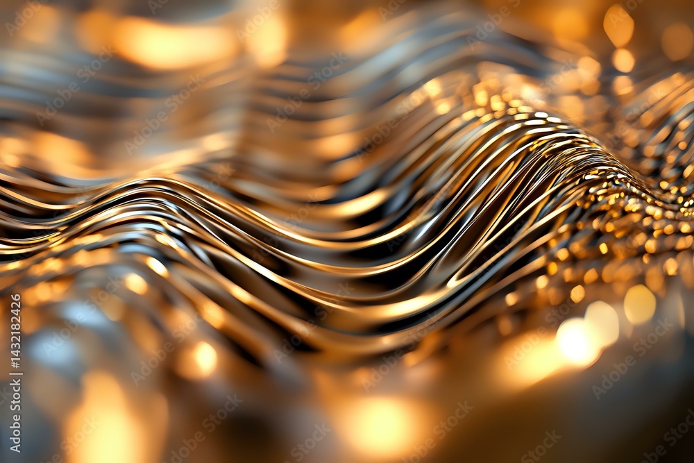 Poster luxurious golden waves with shimmering bokeh effect create dynamic flowing pattern. abstract metalli