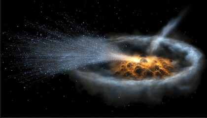 Cosmic debris field erupts from a celestial body.  Dust and particles stream outward into space