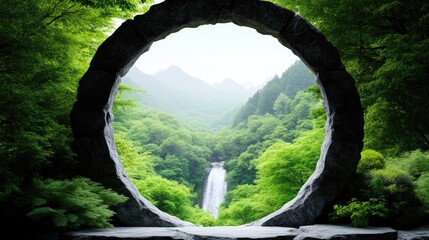 Stone Arch Waterfall View Lush Greenery High-Definition Sharp Focus Landscaping Serenity Peaceful Waterfall Scene Verdant Mountain Range Cool Green Tones Calming Nature Photography