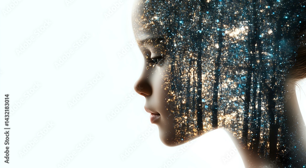 Poster female profile silhouette with double exposure effect showing mystical forest scene with sunlight st