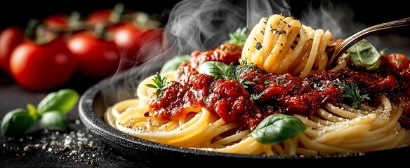 Delicious hot spaghetti with rich tomato sauce