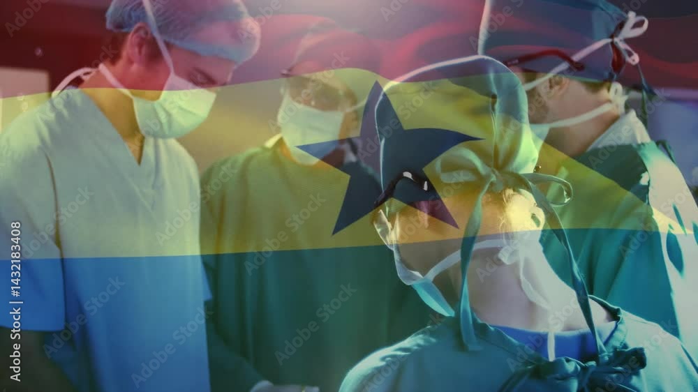 Aufkleber four surgeons collaborating in operating room, displaying animated health charts and data