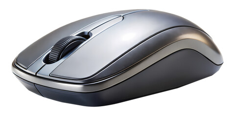 Ergonomic wireless computer mouse featuring a scroll wheel on a transparent background