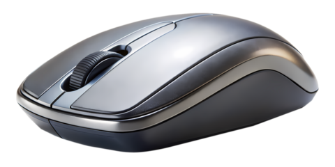 Ergonomic wireless computer mouse featuring a scroll wheel on a transparent background