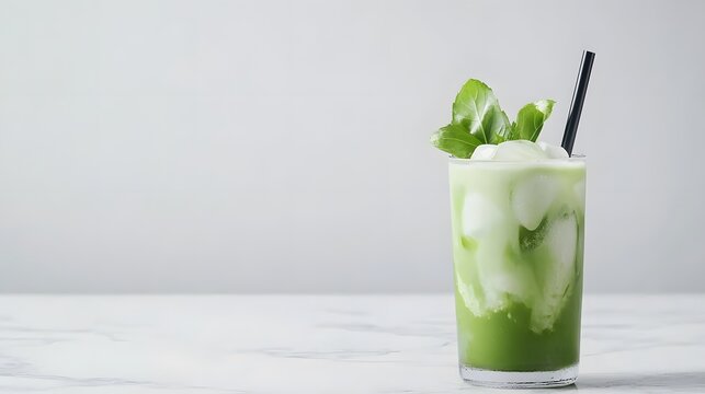 Refreshing iced matcha latte on marble countertop serene setting