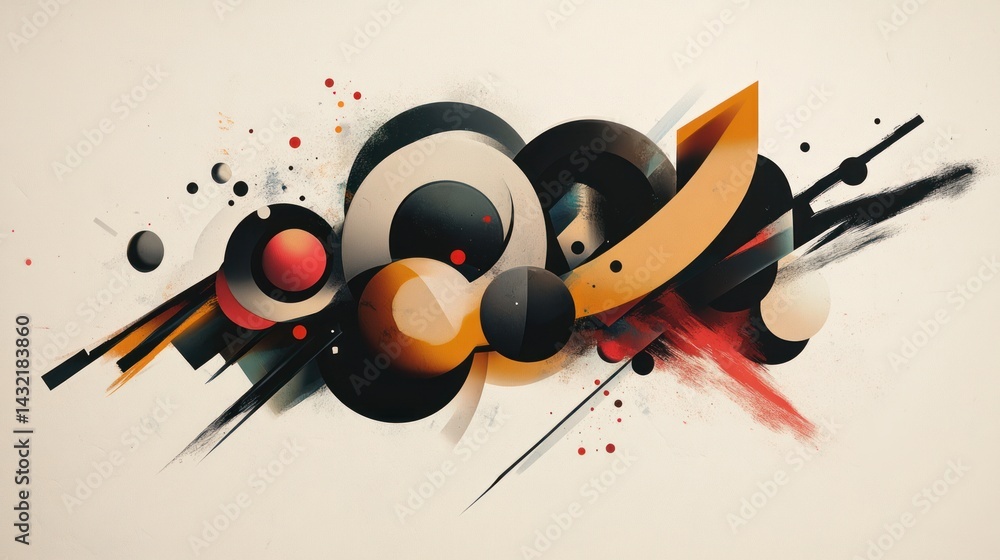 Poster dynamic interplay of geometric shapes and textured strokes in a modern composition