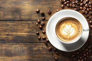 Latte art on wooden table with coffee beans