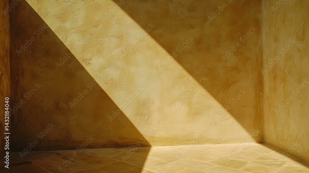 Poster sunlit corner with textured ochre walls and stone floor. ideal for background or design projects.