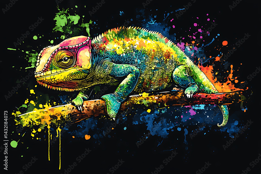 Poster colorful chameleon perched on a branch with a vibrant splash of paint in the background
